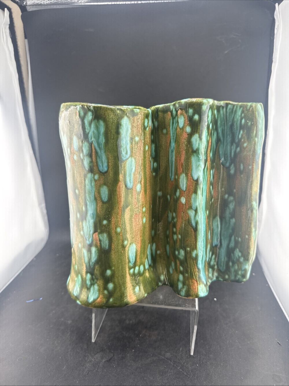 MCM Drip Glaze Studio Pottery Vase Wavy Ribbon Kelp Garden Signed Dumas Vintage